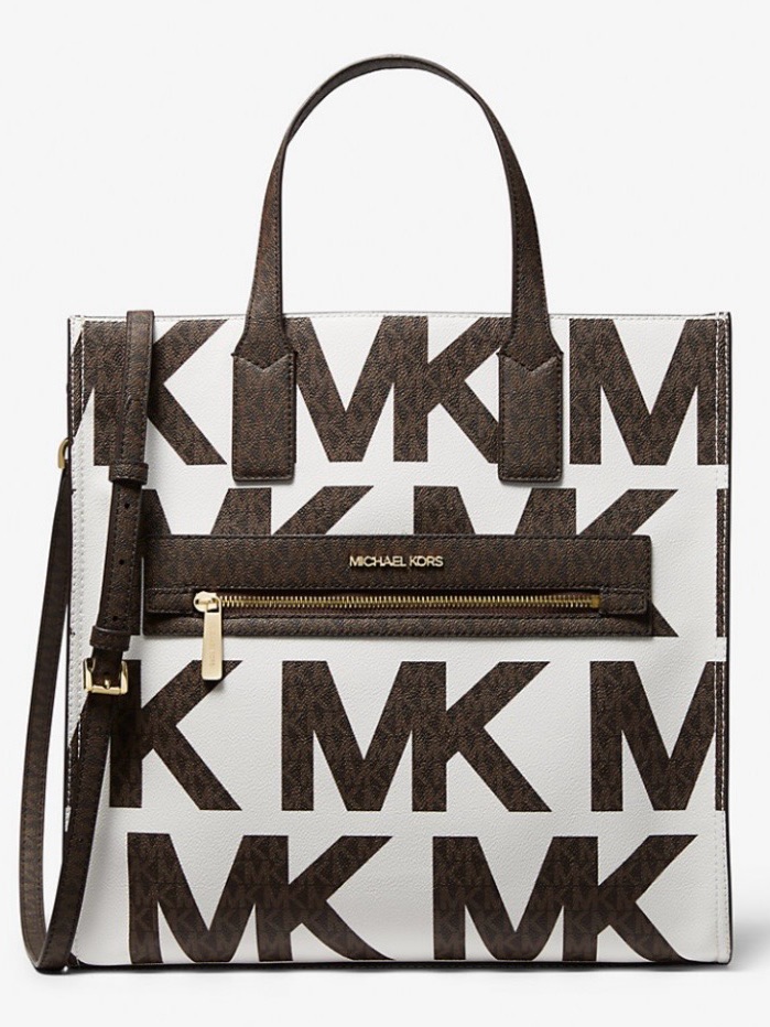Michael Kors White & Brown Mk Logo Tote With Gold Hardware